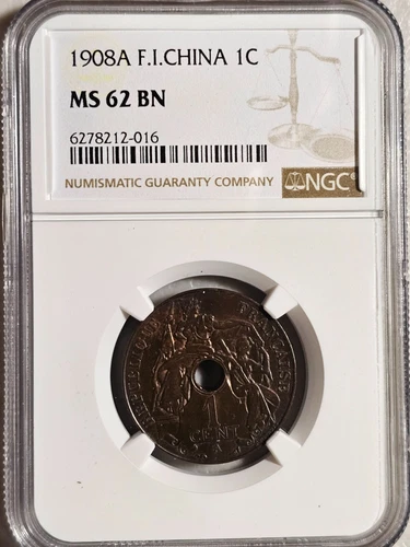 French Indochina 1 Cent 1908A NGC MS 62 BN