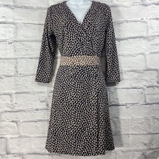 Ann Taylor Wrap Dress Women’s 4 Beige Black V-Neck 3/4 Sleeves Geometric NWOT