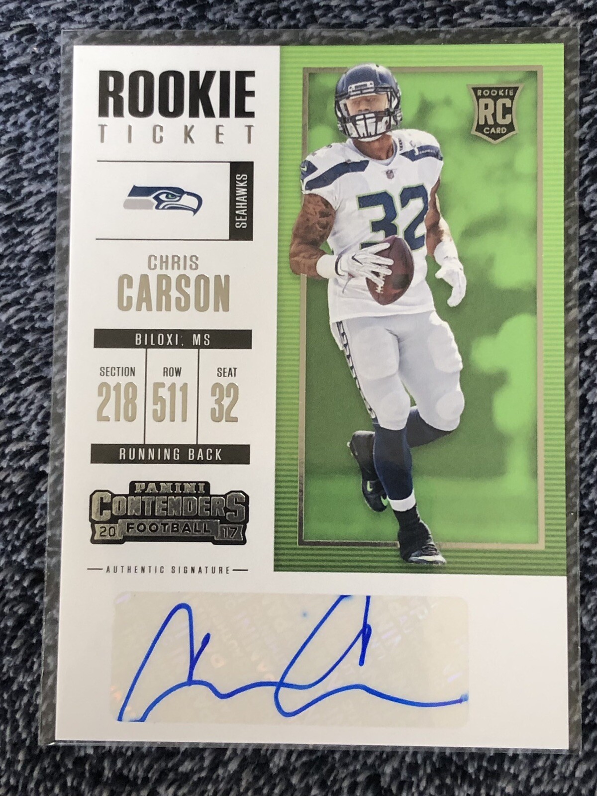2017 Panini Contenders Rookie Ticket Chris Carson #187 Rookie Auto RC