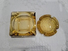2 Vintage Ashtrays Amber Glass Rippled Round And Square 