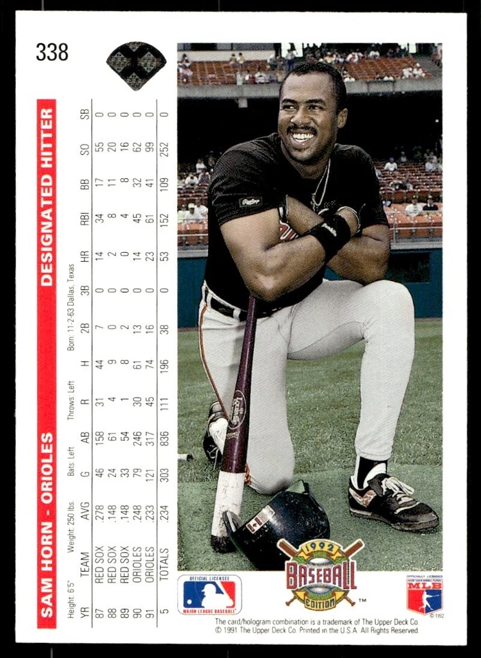 1992 Upper Deck Sam Horn Baltimore Orioles #338 - Image 2 of 2