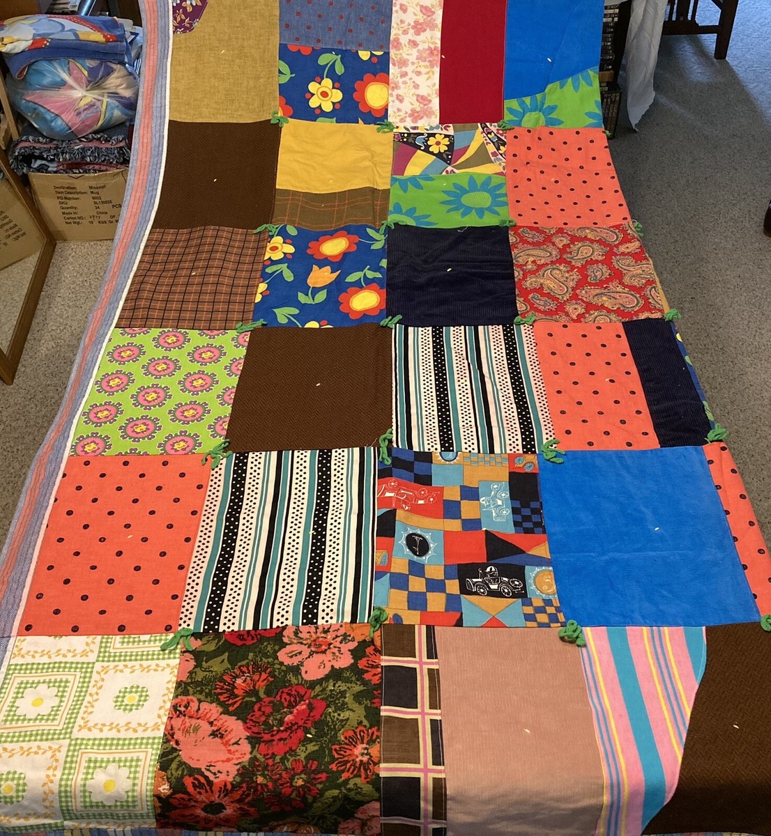Vintage 70s 80s Patchwork Tied Quilt Handmade Ugly, Bold Vintage 70s 80s Patchwork Tied Quilt Handmade Ugly, Bold