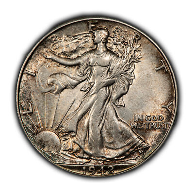 1942 50c Walking Liberty Silver Half Dollar - Rainbow Rim Toning