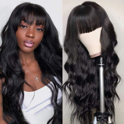 Synthetic No Lace Wigs Full Bangs Loose Wavy Long Black Heat Resistant Natural
