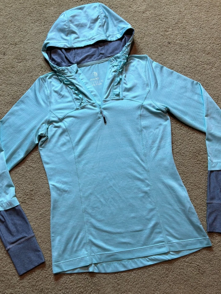 MPG Mint Aqua Green Hooded Pullover Quick Dry Hoodie Shirt Ruffled Pullover S - Image 3 of 4