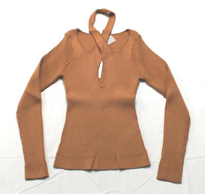 MinkPink Women's L/S Gianna Crisscross Ribbed-Knit Top AH4 Pecan Size XL NWT