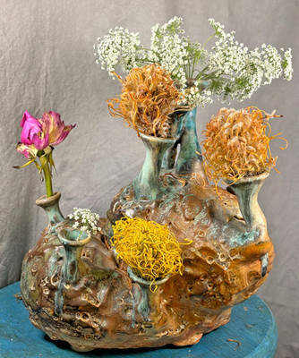 Sculptural Studio Pottery Multi-Bud Vessel Biomorphic Coral Form Turquoise Drip