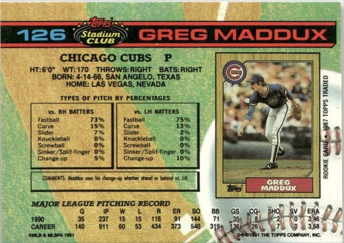 1991 Topps Stadium Club Baseball Card HOF Greg Maddux Chicago Cubs #126 - Bild 2 von 2