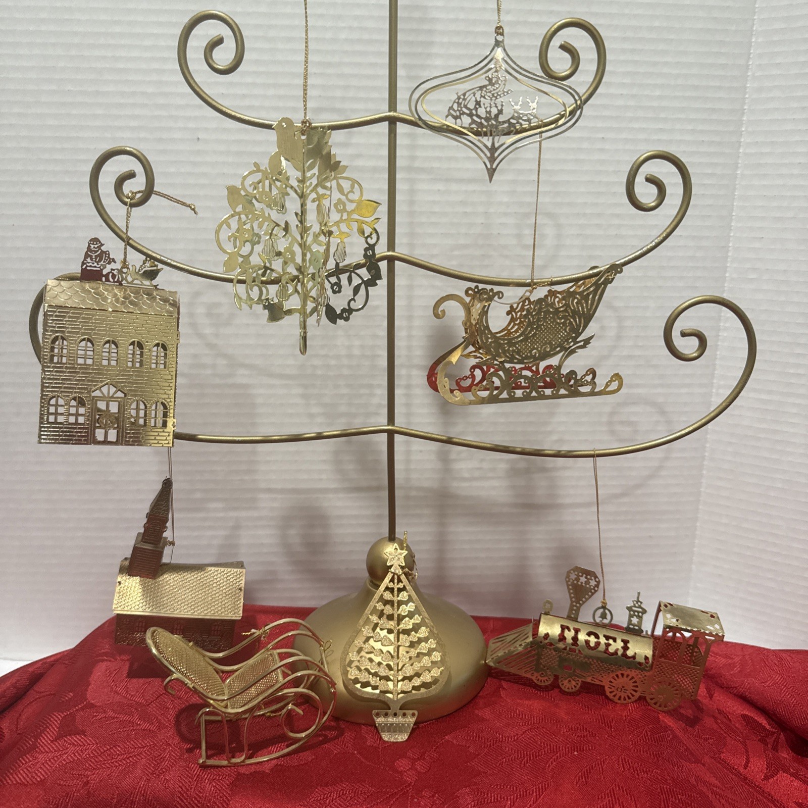 Metal vintage  Christmas Ornament Lot Of 7 train, sleigh, house church,pear tree