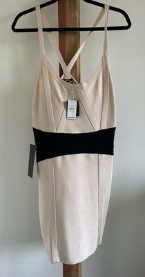 bebe Bodycon Dress Beige Black Contrast Waist Sleeveless Women's Size L