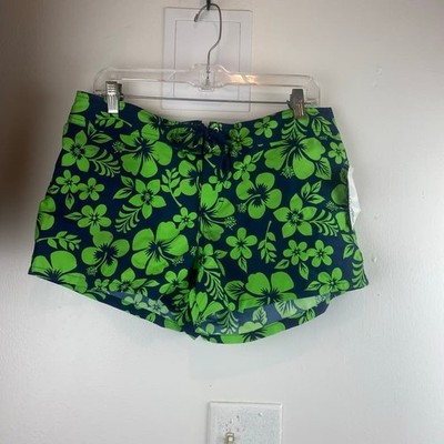 Vintage NWT Miken Size XL Green Hawaiian Print Boardshorts Swim Shorts Hibiscus