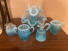 Fenton Art Glass Powder Blue Hobnail 3 Horn PLUS Jam, Perfume, Vase.  SALE!!