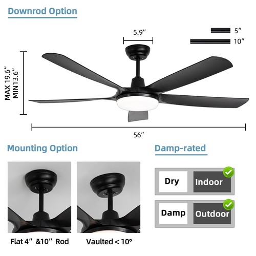 Outdoor Ceiling Fan with Lights, 56 Inch Black Ceiling Fan with Remote, 5 Rev... - Picture 3 of 7