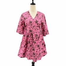 Ganni M Pink Floral Printed Poplin Short-Sleeve Wrap Organic Cotton Dress