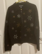 Herman Geist Boiled Wool Cardigan Jacket Women XL Snowflake Holiday Zip Black