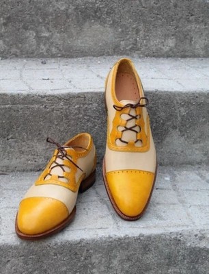 Premium Quality Men's Handmade Two Tone Leather Cap-Toe Lace Up Dress Shoes Men