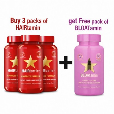 HAIRtamin Advanced Formula , Buy 3 Pack & Get 1 Pack of BLOATamin digestive help