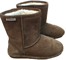 BEARPAW EVA NEVERWET BOOTS S410Y YOUTH 4 GIRLS SUEDE SHEEPSKIN HICKORY BROWN