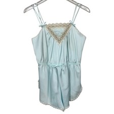 Vintage Brandwine Sleep Romper Teddy Small Blue Satin Lace USA Made High Cut Leg