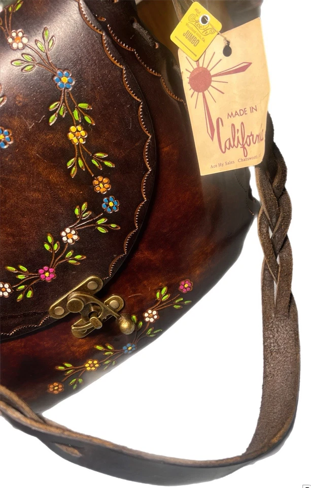 Vintage 1970's Handmade Hand Tooled Brown Leather Handbag With Original Tags - Image 4 of 4