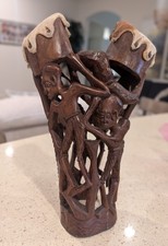 African Wood Finger Drum On Carved Figure Stand With Duel Drums