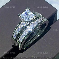 925 Sterling Silver 2CT Princess Cut Moissanite Engagement Wedding Band Ring Set