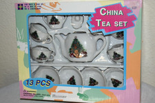 VINTAGE CHRISTMAS Toy China Tea Set 13 pc Bear presents Tree New old Stock
