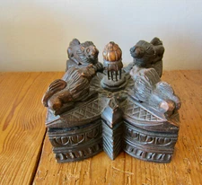 ANTIQUE CARVED TIKKA WOODEN SPICE BOX, INDIA with symbolic crouching lions