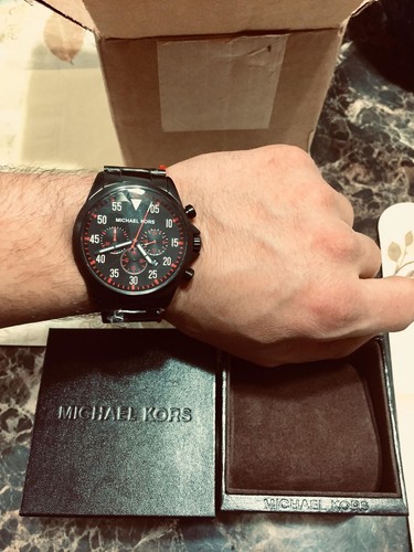 Michael Kors MK8332 Gage Black Chrono Date Red Dial Steel Bracelet