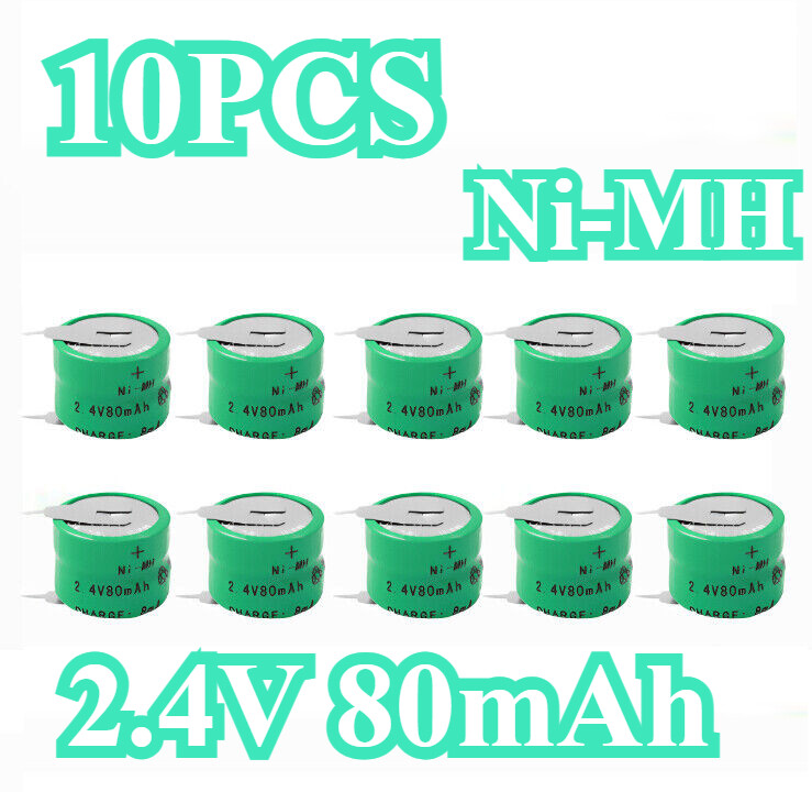 10PCS Ni-MH Rechargeable Battery 2.4V 80mAH W/2 Pins/Tabs For Electronic Devices