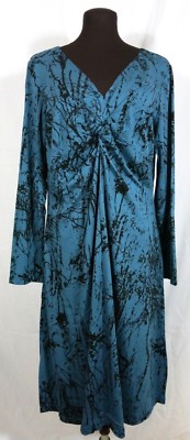 Nomadic Traders Blue Black Rayon Long Sleeve V Neck Dress Teal Cosmo NWT XL