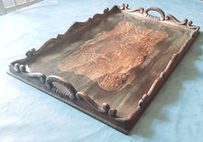 Ancien plateau de service pourtour sculpté- Fond bois gravé  "La barque à Caron"