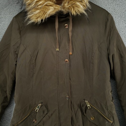 Guess Utility Coat Parka Womens L Jacket Olive Green Faux Fur Hood Full Zip Snap - Picture 4 of 24