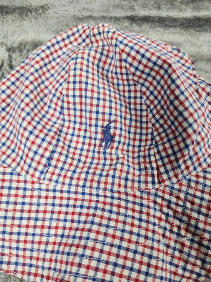 Ralph Lauren Etiqueta Azul Rojo Micro Cuadros Playa Cubo Sombrero Talla S Negro Poni Foto 3 de 4