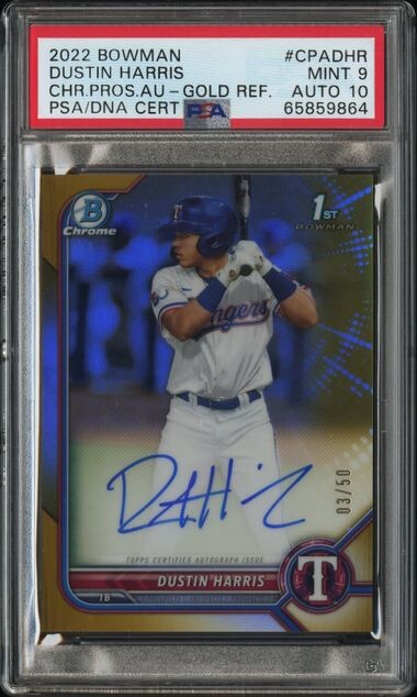 2022 Bowman Chrome Dustin Harris 1st Bowman TRUE GOLD AUTO /50 RANGERS PSA 9/10