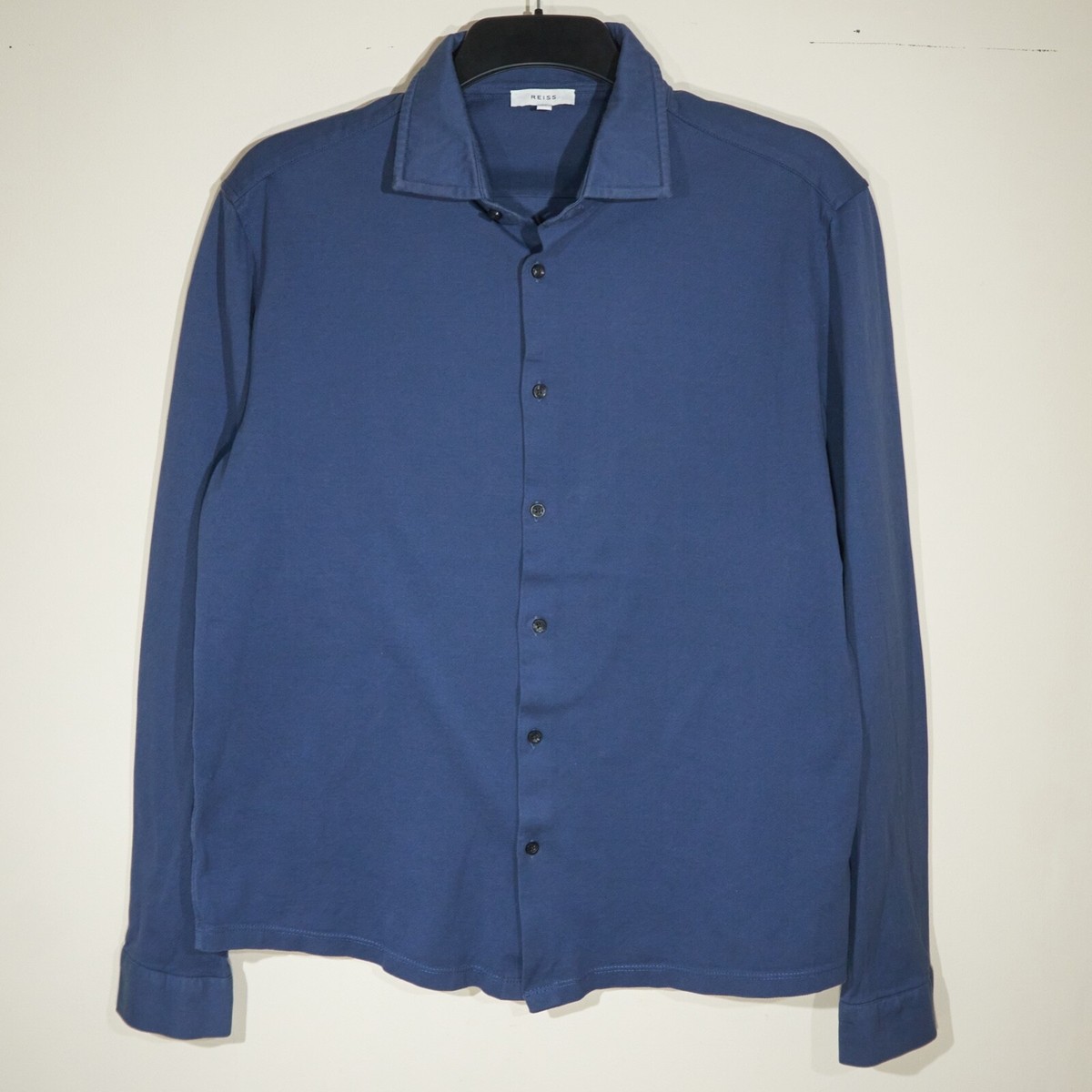 Reiss Men's Blue JASON Pique Long Sleeve Collared Shirt Large
