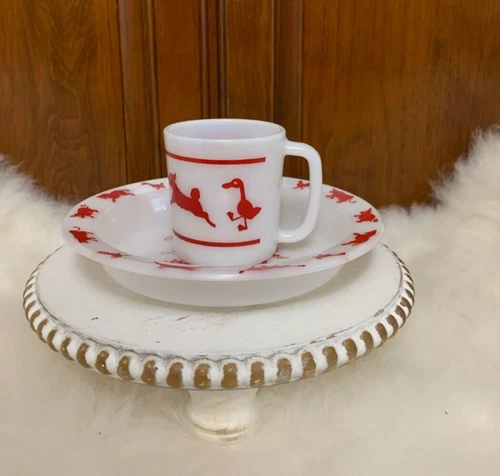 Vintage 2 PC Hazel Atlas Milk Glass Child's Plate & Cup Set w/Red Farm Animals