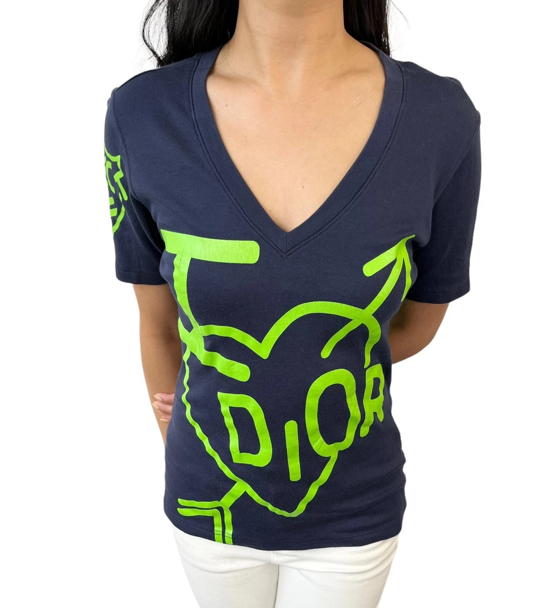 Christian Dior Vintage Logo Heart T-shirts Tops #38 Dark Blue Cotton RankAB