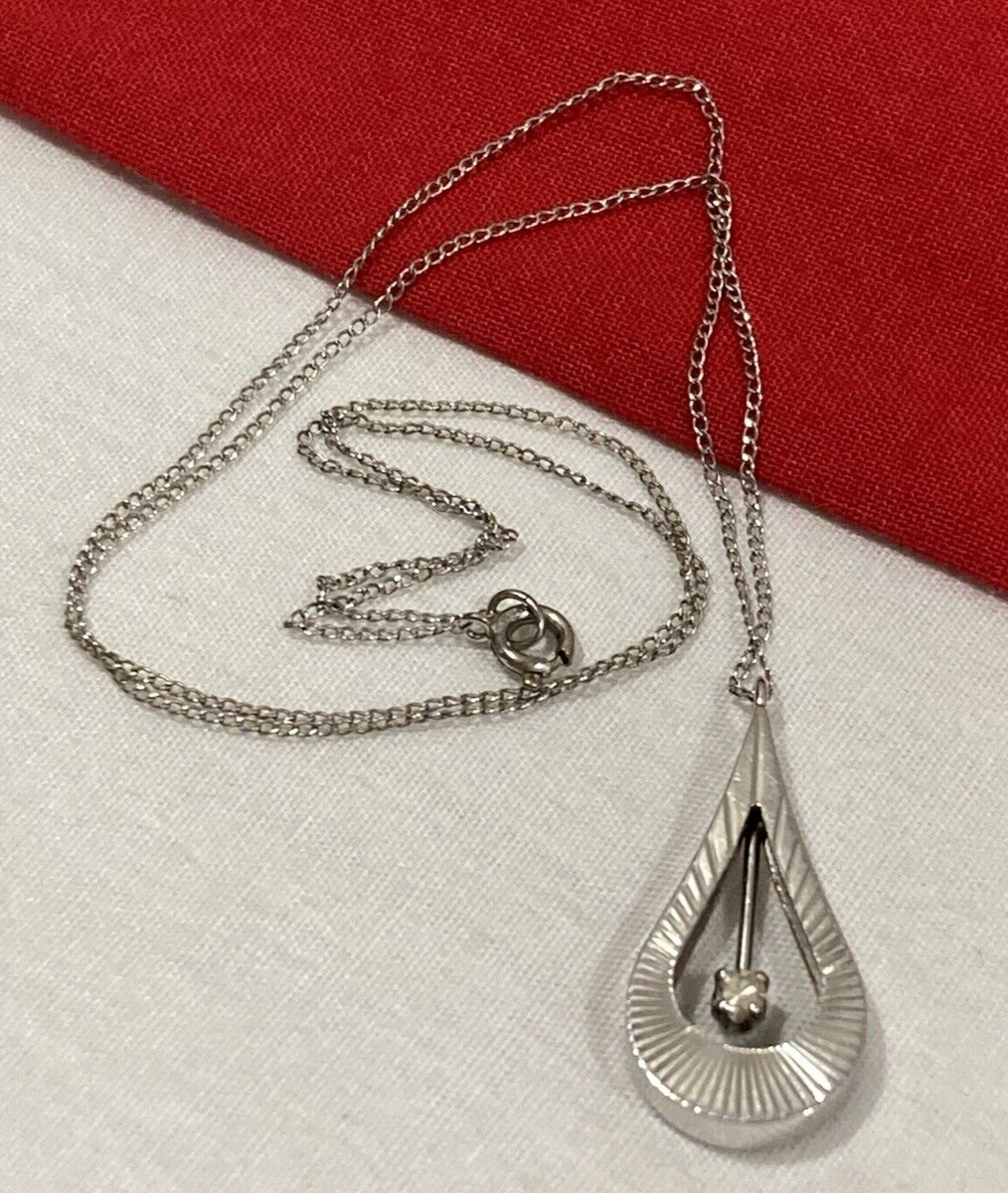 Vintage 14k Solid White Gold Teardrop Floating Diamond Pendant Necklace  15”