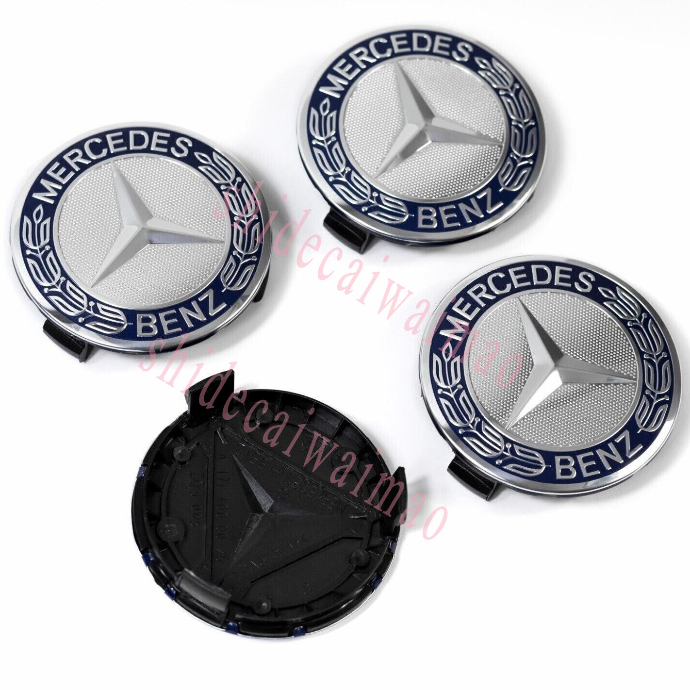 SET OF 4 Mercedes-Benz Classic Dark Blue 75MM Wheel Center Hub Caps AMG Wreath