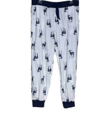 New Aerie Large L White Navy Doe Deer Cotton Blend Flannel Jogger Pajama Pants