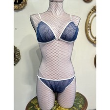 Vintage Navy Sheer Mesh White Trim Matching Lingerie Set One Size Fits All