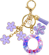 Resin Alphabet Initial Letter Keychain Tassel Flower Pendant Key Ring for Purse