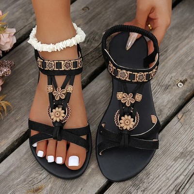 Flowers Decor Flats Bohemian Sandals Women Plus Size 36-43 Summer Gladiator Sand