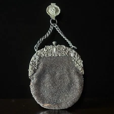 Chatelaine Coin Purse Antique Beaded Victorian Silver Frame Leather Large 6 Inch