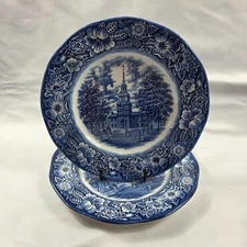 TWO Staffordshire Liberty Blue Dinner Plates Blue White Independance Hall