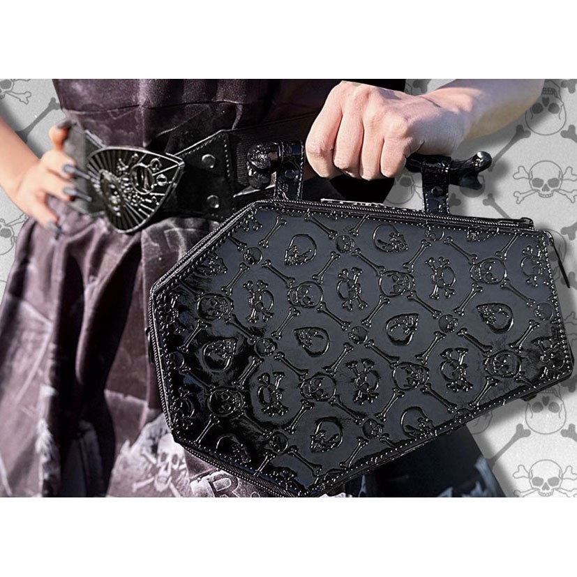 Kreepsville 666 Patent Skull Crossbones Coffin Purse Shoulder Or Bone Handle Bag