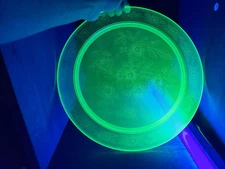 Green URANIUM Glass Dogwood Apple Blossom 13” Cake Plate