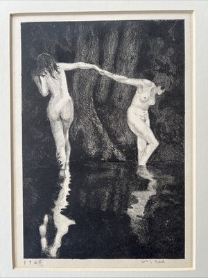 William S. Gisch (Cleveland Ohio 1906-1989) Nymphs in Pool Signed WPA Lithograph