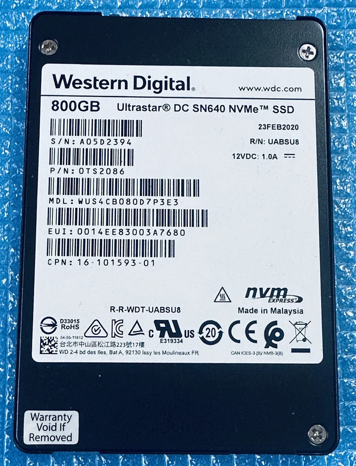 Neue Western Digital UltraStar DC SN640 800GB NVMe SSD 0TS2086 WUS4CB080D7P3E3